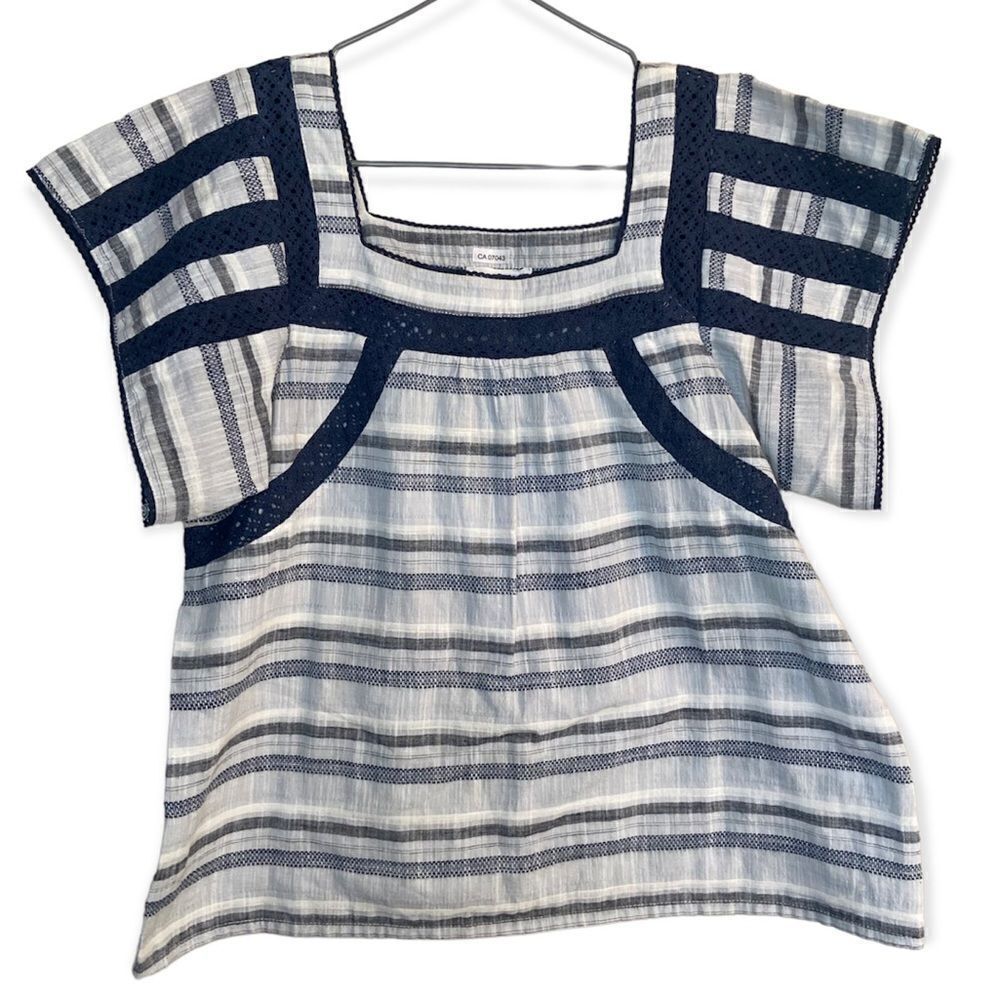 Anthropologie | dRA LA White/Blue Square-Neck Striped Blouse Size Small